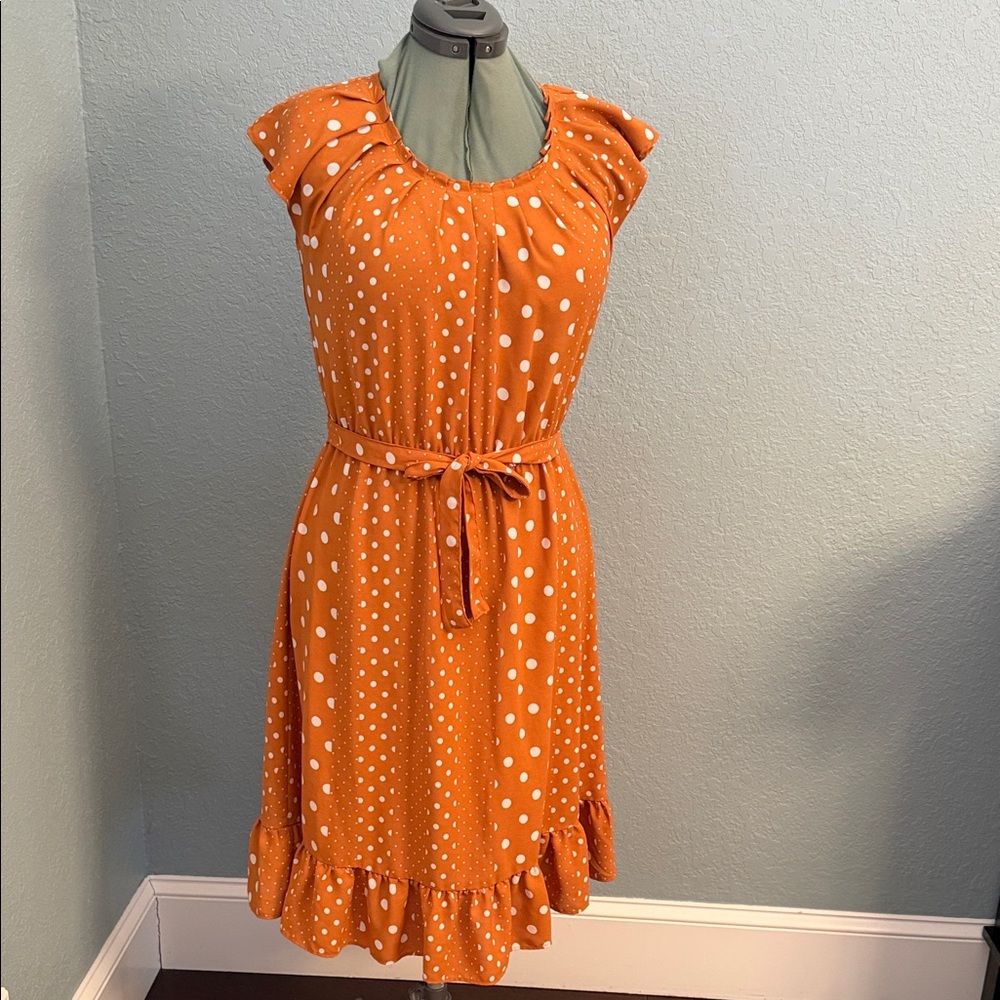 LC Lauren Conrad Orange Polka Dot Midi Dress with Tie Waist